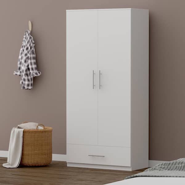 White 2-Door Wardrobe Armoire with 1-Drawers and Hanging Rod 66.9 in. H x 31.5 in. W x 18.9 in. D