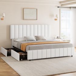 Garvee White Queen PU Leather Upholstered Bed Frame with 4 Storage Drawers, Adjustable Headboard, Sturdy Wooden Slats, No Box Spring Required, Easy As