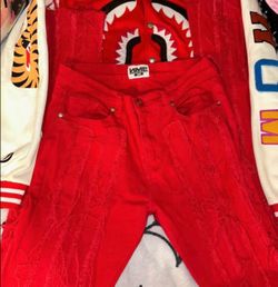Men's distressed red stacked skinny jeans streetwear fashion size 30