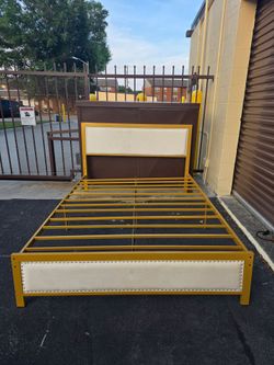 Gold Metal Bed Frame with Upholstered Headboard and Footboard Queen size