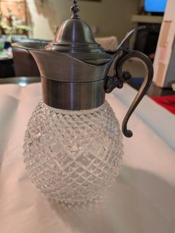 Vintage Diamond Cut Design Glass And Pewter Pitcher