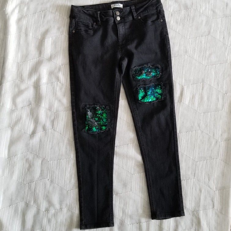 Mudd Black Sequin Patch Jeans Girl's Size 16
