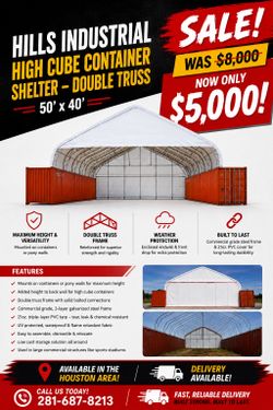 SALE – 50’ x 40’ Industrial High Cube Container Shelter – Double Truss