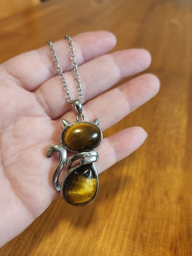 LIKE NEW Cat With Natural Tiger Eye Stone Silvertone Adjustaable 21"-23" Necklace (SE San Diego)