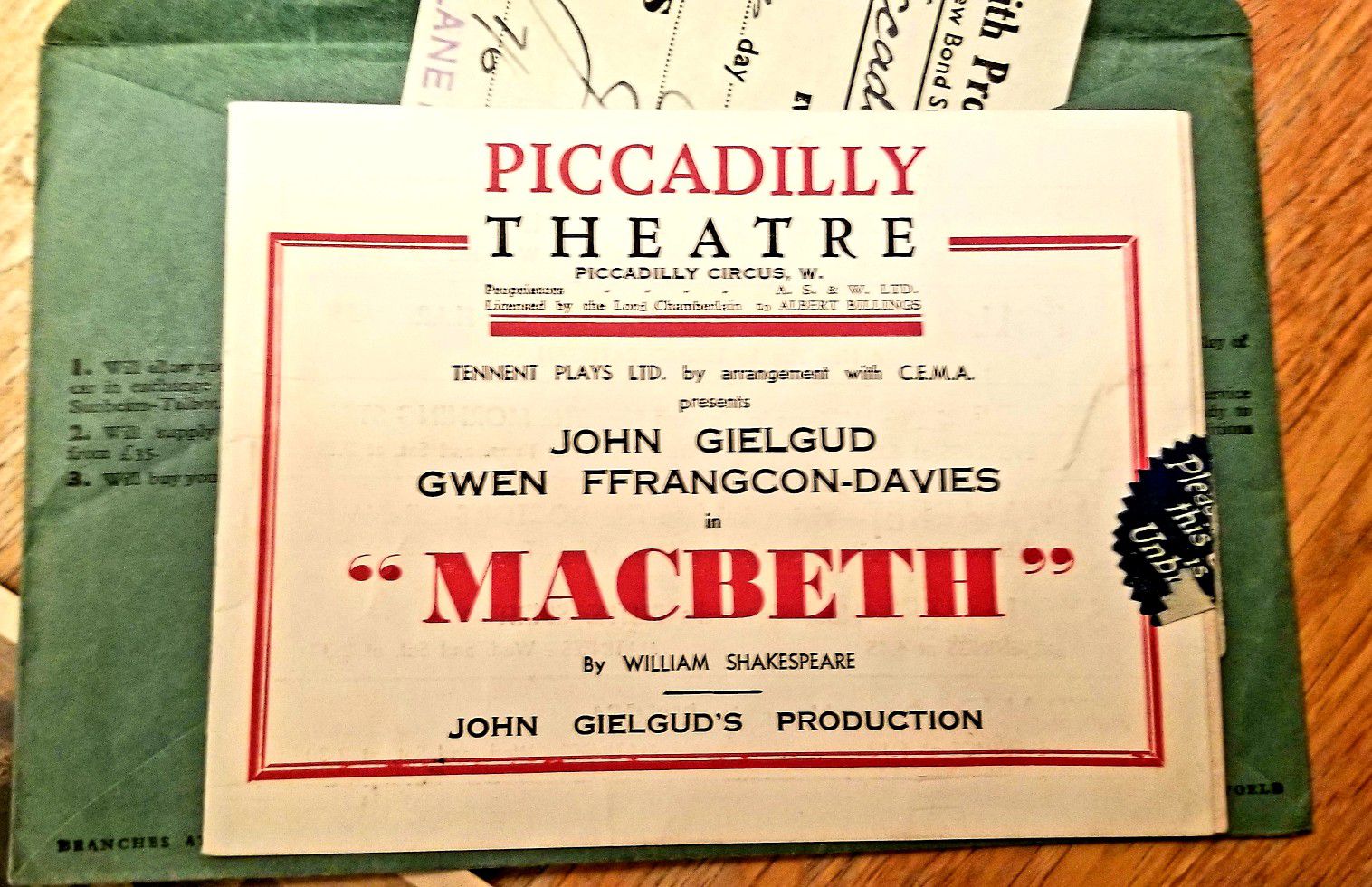 July 29, 1942 tickets to MACBETH at the PICCADILLY THEATRE IN LONDON