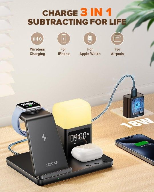 6 in 1 Wireless Charging Station for Apple Charging Station for Multiple Devices with Alarm Clock and Night Light nightstand for iPhone 16 15 14 13 fo