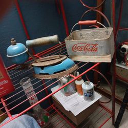 Antique Iron W Steamer And Metal Coke 6 Pk Holder
