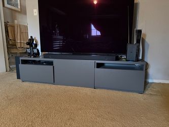 Gray Low-Profile TV Stand with 2 Drawers 1 Door