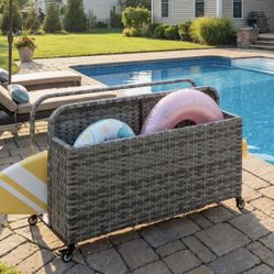NEW Large Wicker Pool Float Organizer with Wheels – Patio Poolside Storage for Floats, Noodles & Toy