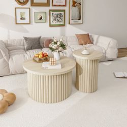2-Piece Round Coffee Table Set – Modern Fluted Side & Accent Tables for Living Room & Apartment NEW