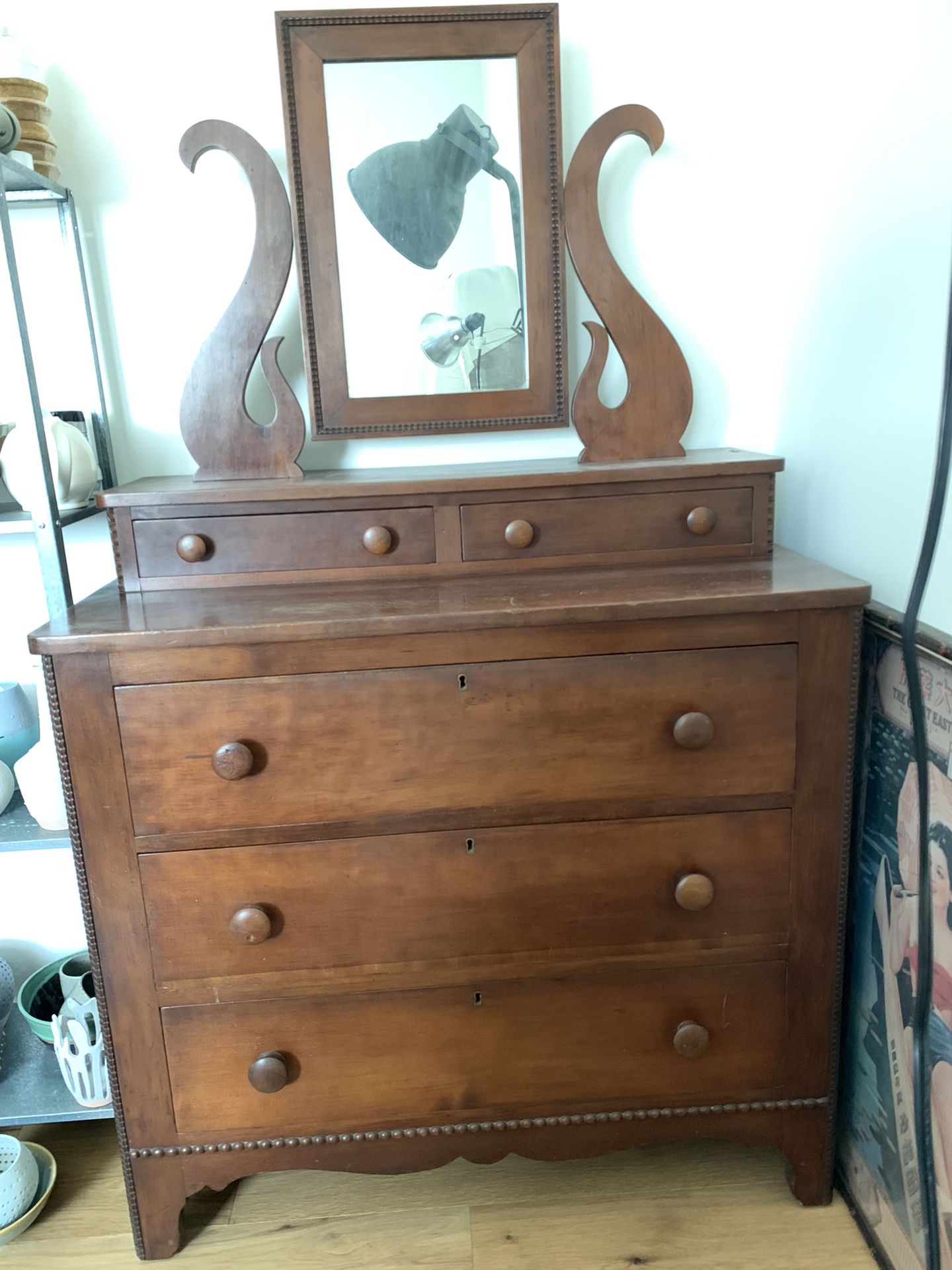 Vintage Antique Wood Dresser with Mirror
