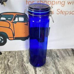 Vintage Cobalt Blue 13” Glass Storage Jar 12 Panel Cobalt Wire Bale Locking