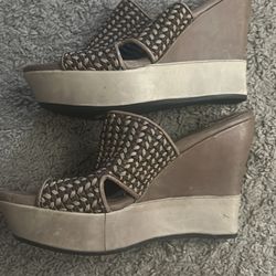 Ugg 1002926 Doha Women's Brown Leather Wedge Platform Woven Sandals Size USA 8
