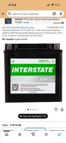 12V 12Ah Powersports Battery 200CCA AGM Rechargeable
