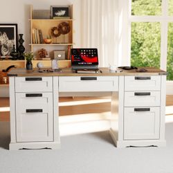 NEW -60" Farmhouse Executive Desk With Drawers,wood Home Office Desk With Charging Station