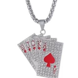 Red Zircon Inlaid Poker Playing Card Tag Pendant Necklace Jewelry