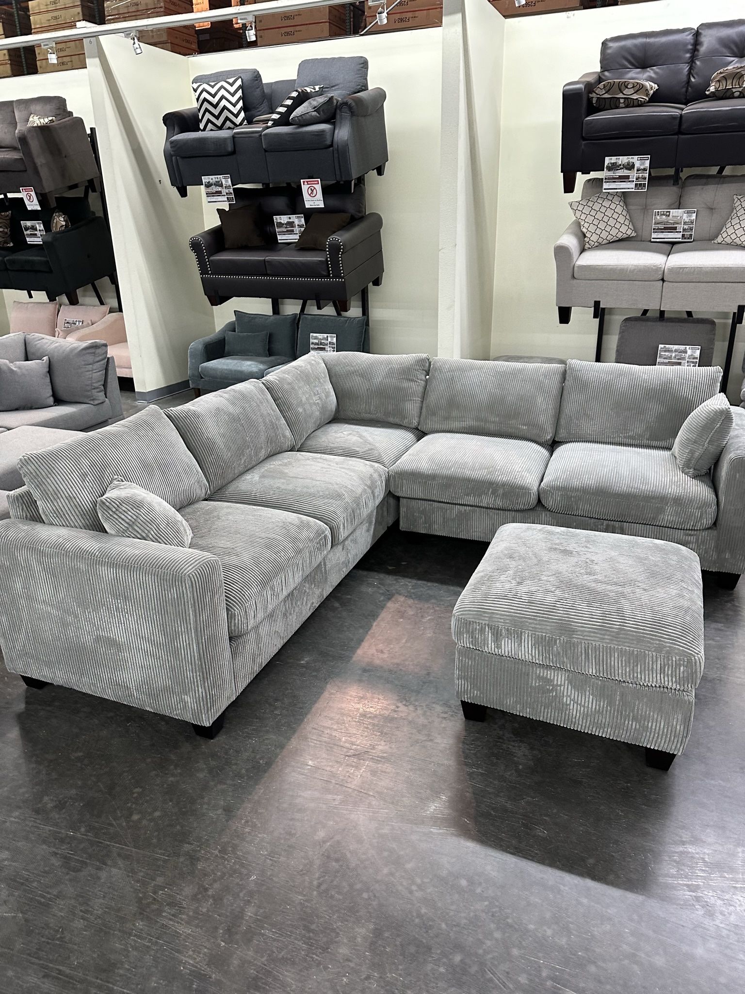 BRAND NEW GRAY CORDUROY SECTIONAL WITH OTTOMAN