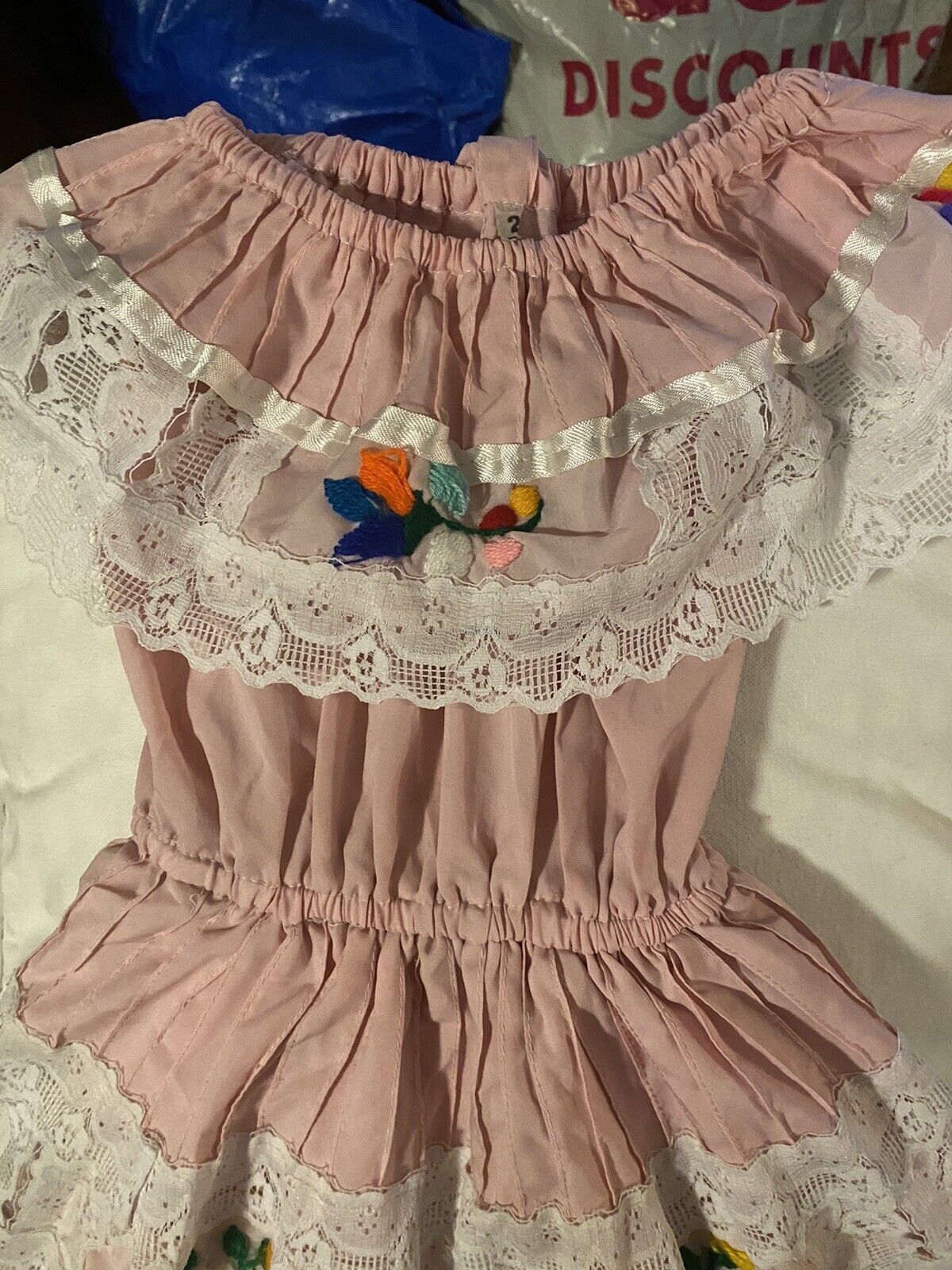 Little Girl Pink Mexican Dress Embroidered Flowers Lace - No Tags Size 2   