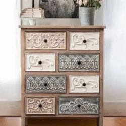 Rustic Carved Wood 8-Drawer Chest End Table
