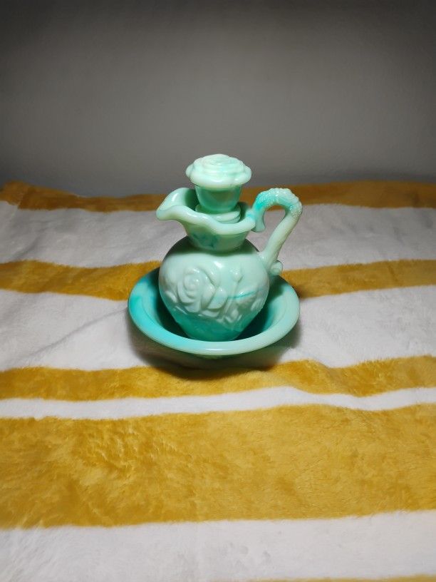 1980's Blue Swirl Avon Milk Glass Pitcher