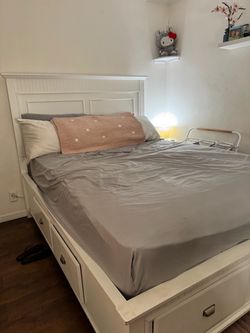 White Wood Bed Frame with Storage Drawers