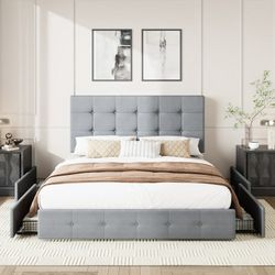 Queen Size Platform Bed Frame with Square-stitched Headboard and 4 Drawers, Light Gray
