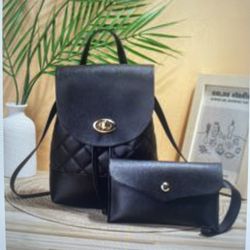 Turn Lock  Quilted Flap Backpack  With Long Wallet  Color Black 