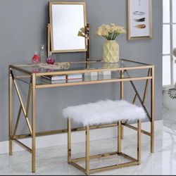 Makeup Vanity Table with Glass Top and Faux Fur Stool