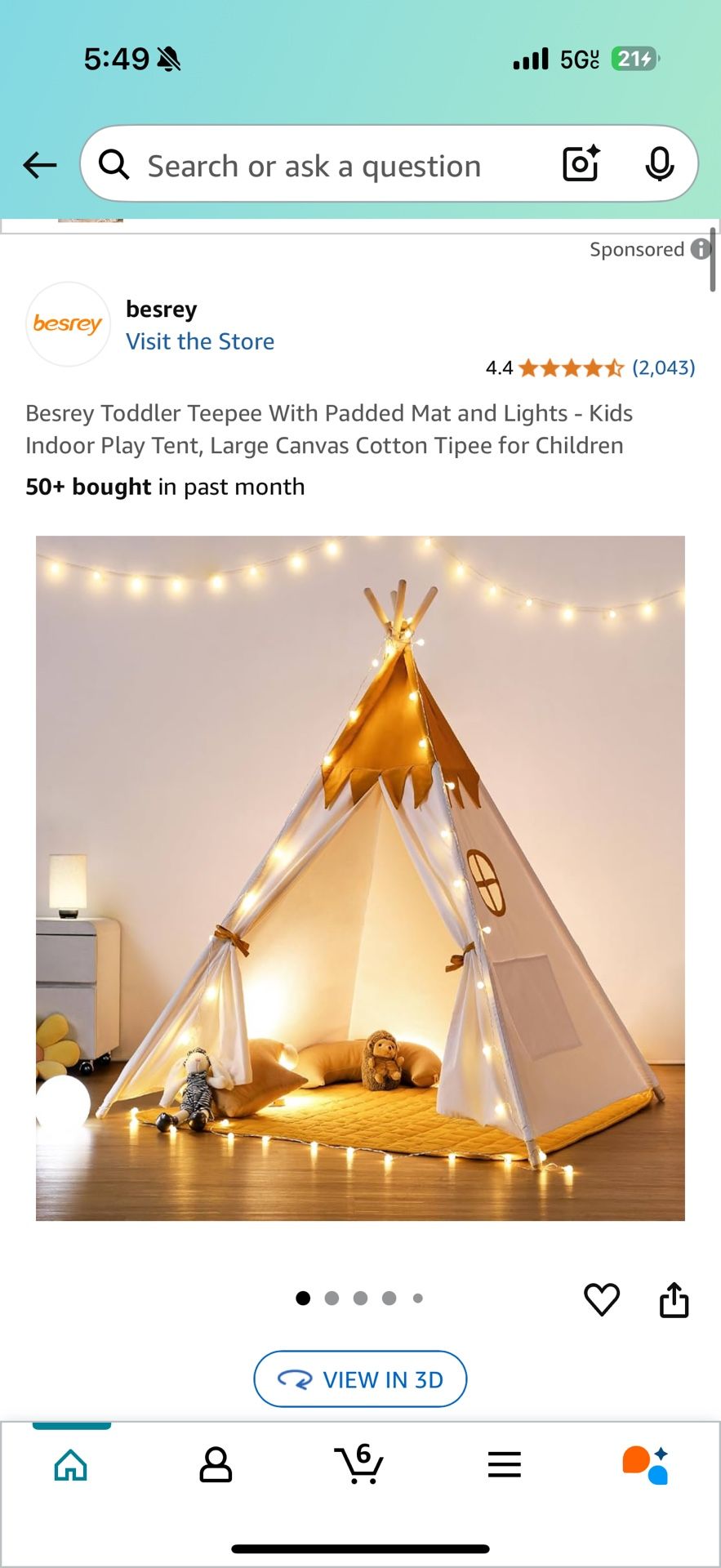 Besrey Toddler Teepee With Padded Mat and Lights Kids Indoor Play