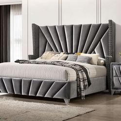 Grey Velvet Bed Frame Nailhead Trim Accent Chrome Legs Queen $560 EKing & Cal King $640 Dresser Mirror $660 Chest $480 Nightstand $260 Brand New
