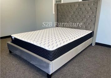 Calking Grey wingback Bed with Orthopedic Mattress Included