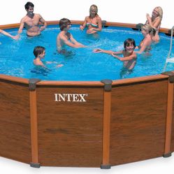 Intex 16ft x 48in Sequoia Spirit Above Ground Pool w/ Saltwater System. NEW in Box! Wood Grain Panel