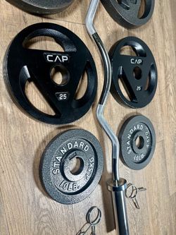 Olympic Equipment: Silver Curl Bar With Cooper Bearings & Weight Plates Pairs Of  35s, 25s And 10 Pounds   (Total: 160 lbs)