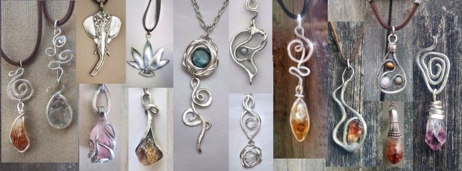 Wire & Antique Silver wrapped Stone and Glass Pendants