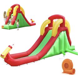 HONEY JOY Inflatable Water Slides, Kids Jumping Bounce House w/Climb Wall & Long Slide, Water Canons, Hose & Splash Pool, Includes Carry Bag, Outdoor 