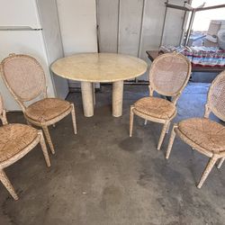‘90s Vintage Travertine Round Dining Table With A Set Of 4 Chairs