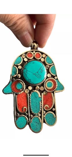 Vintage Style Handcrafted Hamsa Pendant Inlay Turquoise Set In Silver 3”inch & 50grams