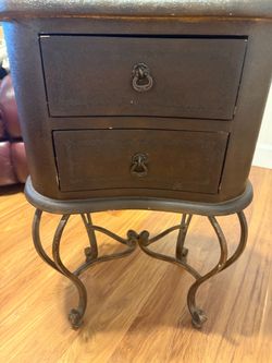 Dark Wood Two-Drawer End Table with Iron Base
