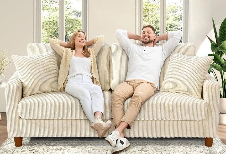 BRAND NEW
Kidirect 70in Beige White Sofa, Couches 21in Extra Deep Seats, Comfy
Corduroy, Modern Oversized Love Seat with 2 Pillows