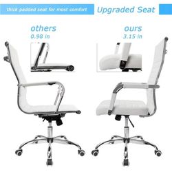 Ribbed Office Desk Chair Mid-Back PU Leather Executive Conference Task Chair Adjustable Swivel Chair with Arms (White)