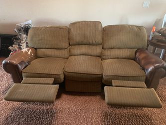 Love seat, needs leather on and replaced and has a slit in the leg rest of love seat, couch just needs leather replaced on arms . If you can pick th