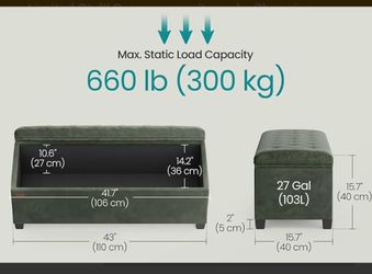 SONGMICS 43" Velvet Storage Ottoman Bench Foot Rest Metal Frame w/ Legs - Green