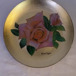 Susan Taylor Pink Rose on Gold Background Decoupage Plate 8” – Very Pretty!