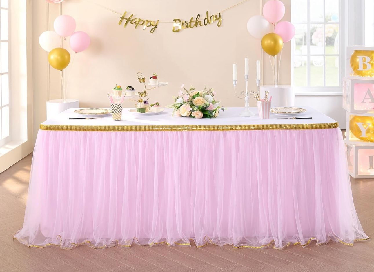 8x6ft Fabric Pink Rose Gold Happy Birthday Backdrop + 6ft Pink Tulle Table Sort Tutu