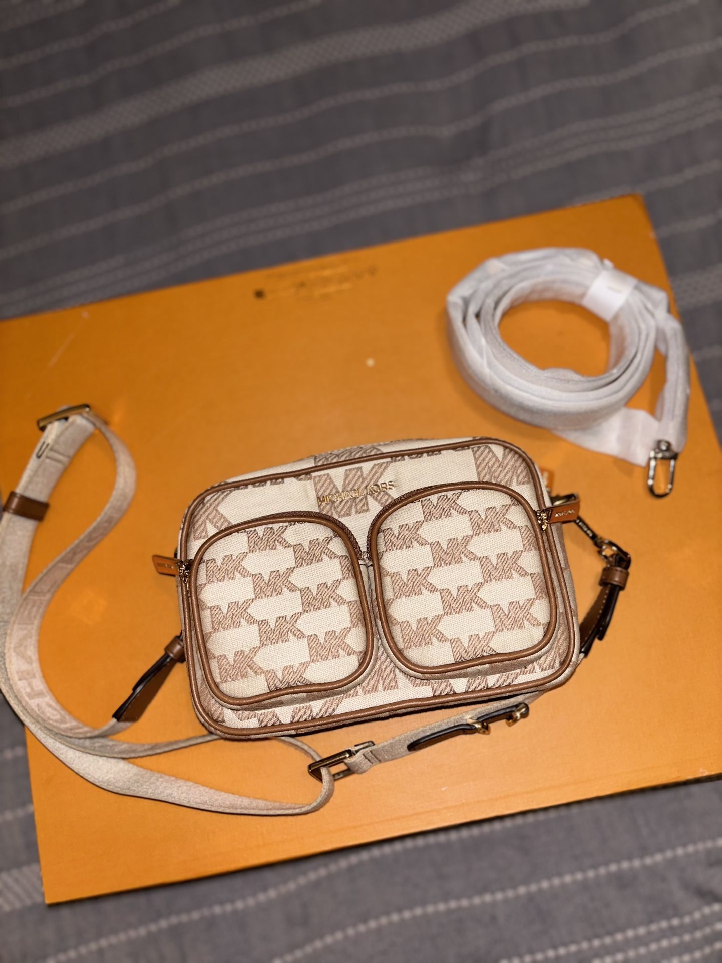 Michael Kors Logo Print Crossbody Bag in Tan and Cream