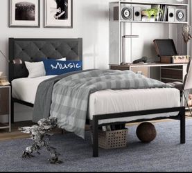 Twin Metal Bed Frame with Upholstered Headboard