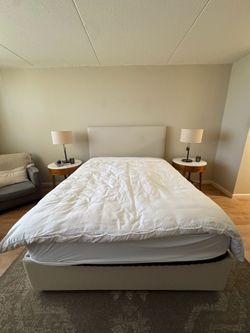 Queen Size, Raleigh Upholstered Square Tall Headboard and Side Storage Platform Bed and Nectar Mattress