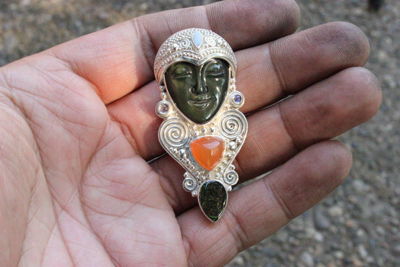 Signed Sajen Sterling Silver 925 Multi Gemstone Goddess Face Pendant Brooch