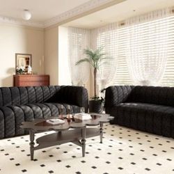 VINTAGE RETRO BENCH STYLE SEATING BLACK COUCLE FABRIC 2 PIECE LIVING ROOM SOFE LOVESEAT SET COUCH - SILLONES