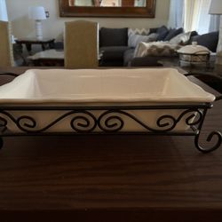 Rectangular Serving Dish With Decorative Metal Stand